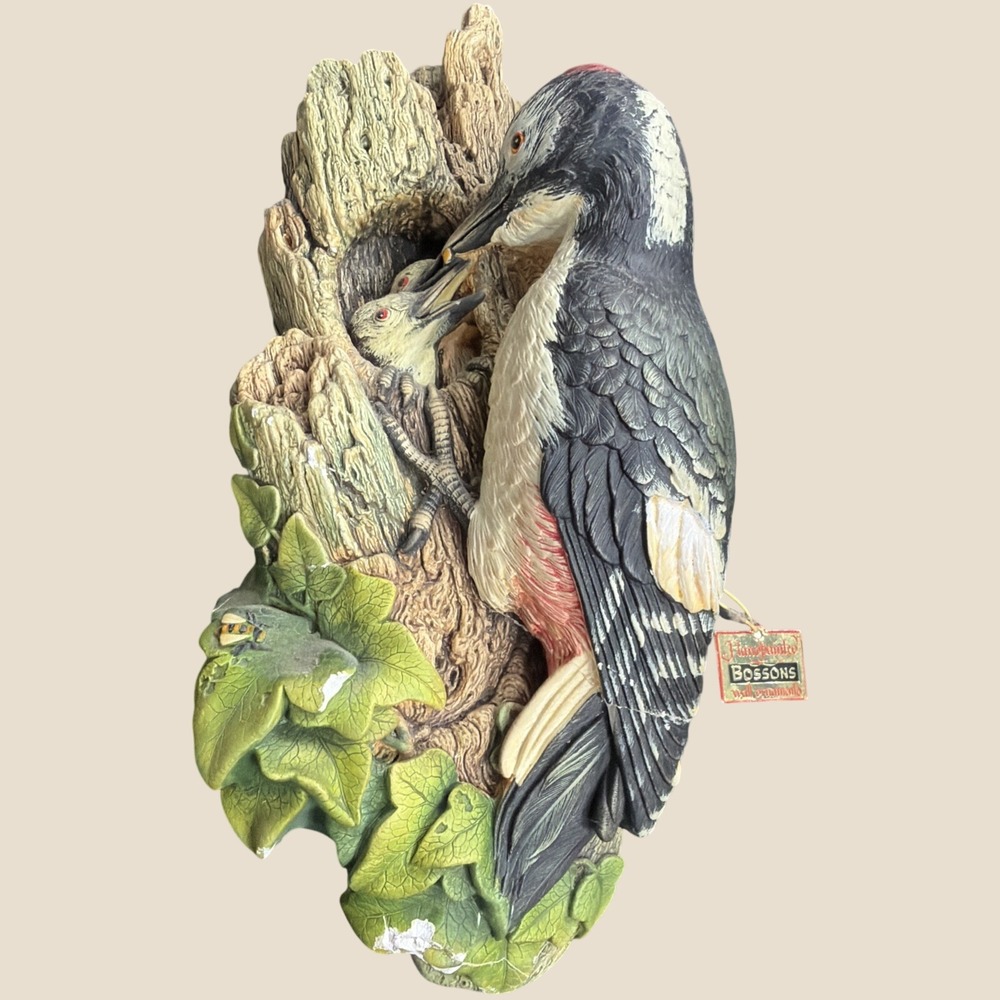Vtg Bossons England Chalkware 3D Bird Woodpecker Feeding Babies Hanging Wall Art